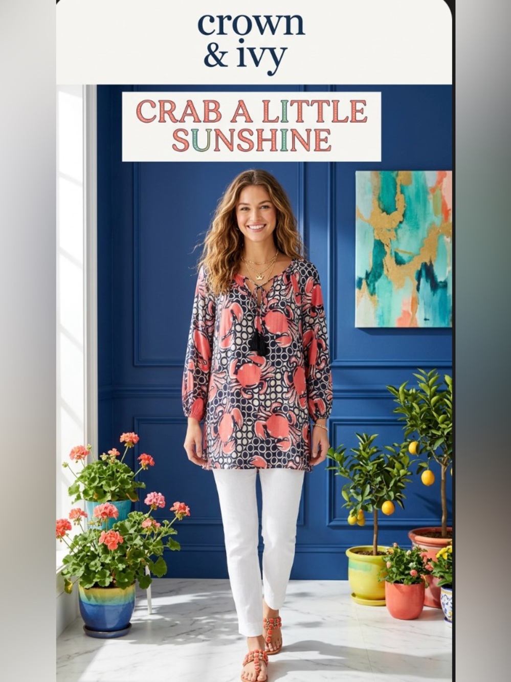 NWT ~ Crown & Ivy Navy, White & Coral Crab Print V-Neck Tunic ~ Size S